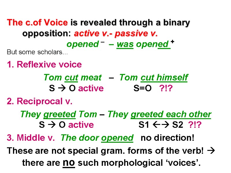 The c.of Voice is revealed through a binary opposition: active v.- passive v. 